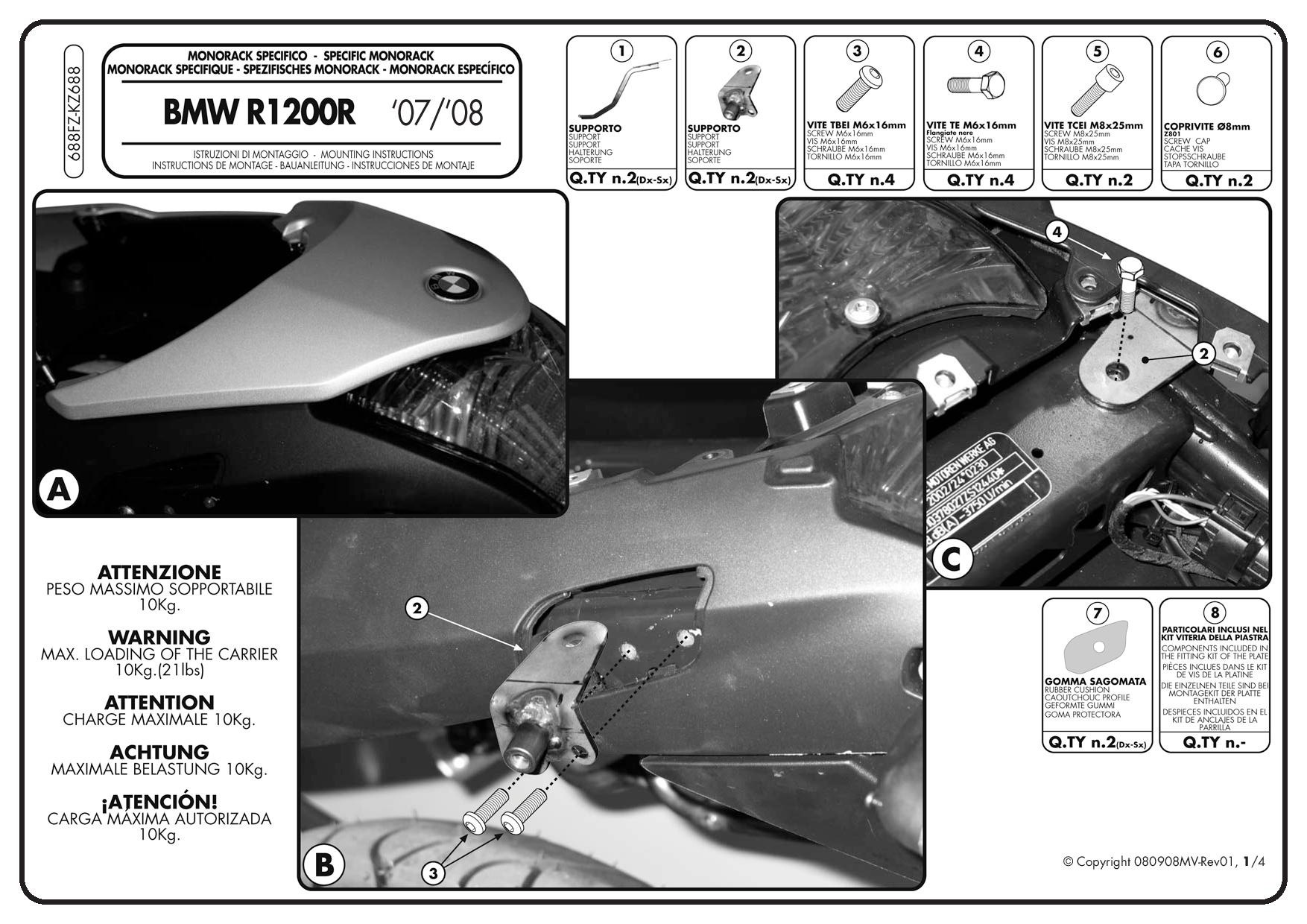 Stelaż centralny Kappa kz688 do BMW R 1200 R 06-10