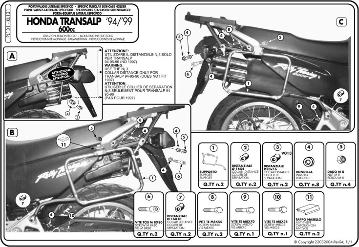 GIVI PL131 MONOKEY HONDA XL 600 V TRANSALP (94-99) Stelaż kufrów bocznych