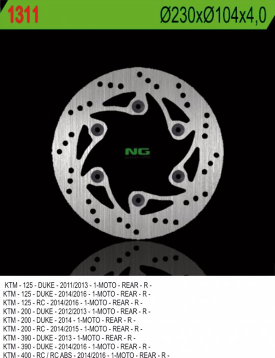 NG1311 TARCZA HAMULCOWA KTM DUKE 125/200/390 '11-'15, RC 200/390 '14-'15 (230X140X4) (6X10,5)