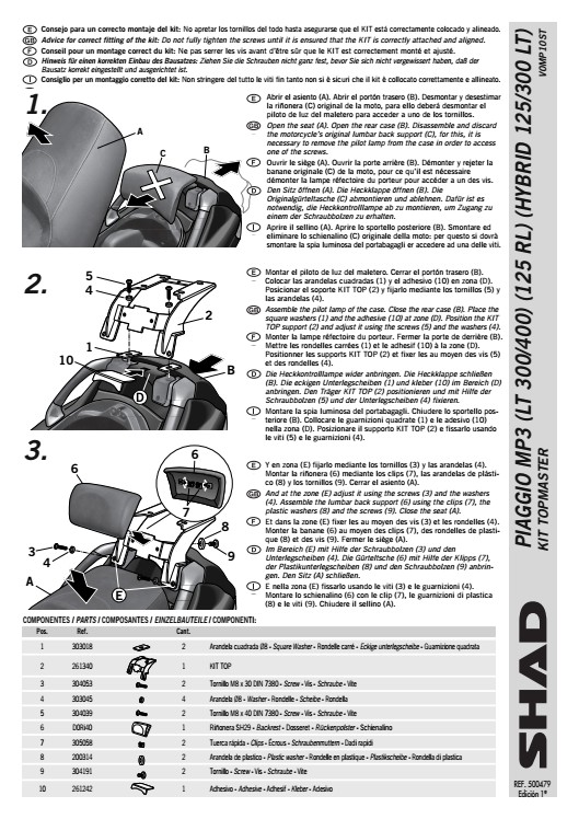 SHAD V0MP10ST STELAŻ KUFRA TYŁ DO PIAGGIO MP3 125 - 07/16